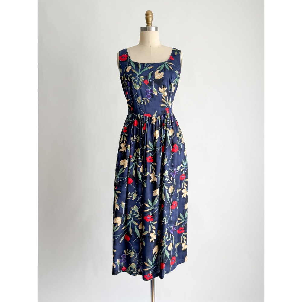 Jennifer Moore Floral Midi Dress Vintage 90s Cottagecore Large Navy Blue Rayon